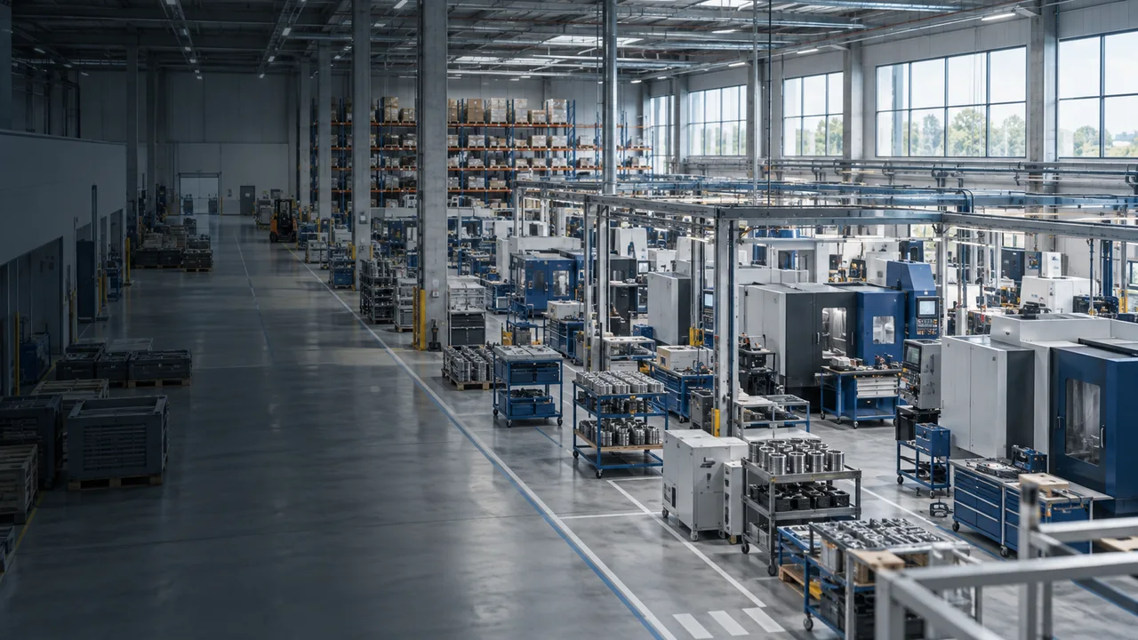 A modern manufacturing facility with organised production lines